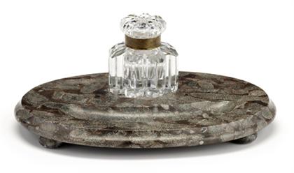 Appraisal: Fossilized marble ink stand L in The flower-form shaped glass