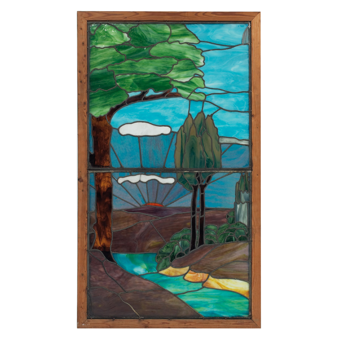 Appraisal: Arts and Crafts window large landscape design in leaded glass