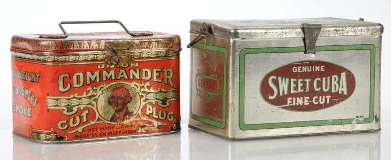 Appraisal: Lot of Tobacco Lunch Boxes Description Lot includes scarce ornately