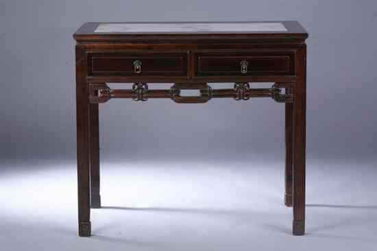 Appraisal: CHINESE WHITE MARBLE INSET ROSEWOOD SIDE TABLE th century The