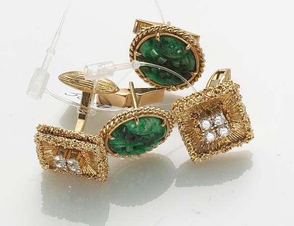 Appraisal: Two pairs of diamond nephrite and k gold cuff links