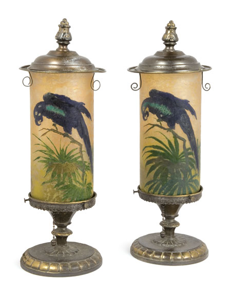 Appraisal: Companion Pair of Handel Enameled Glass and Gilt-Metal Boudoir Lamps