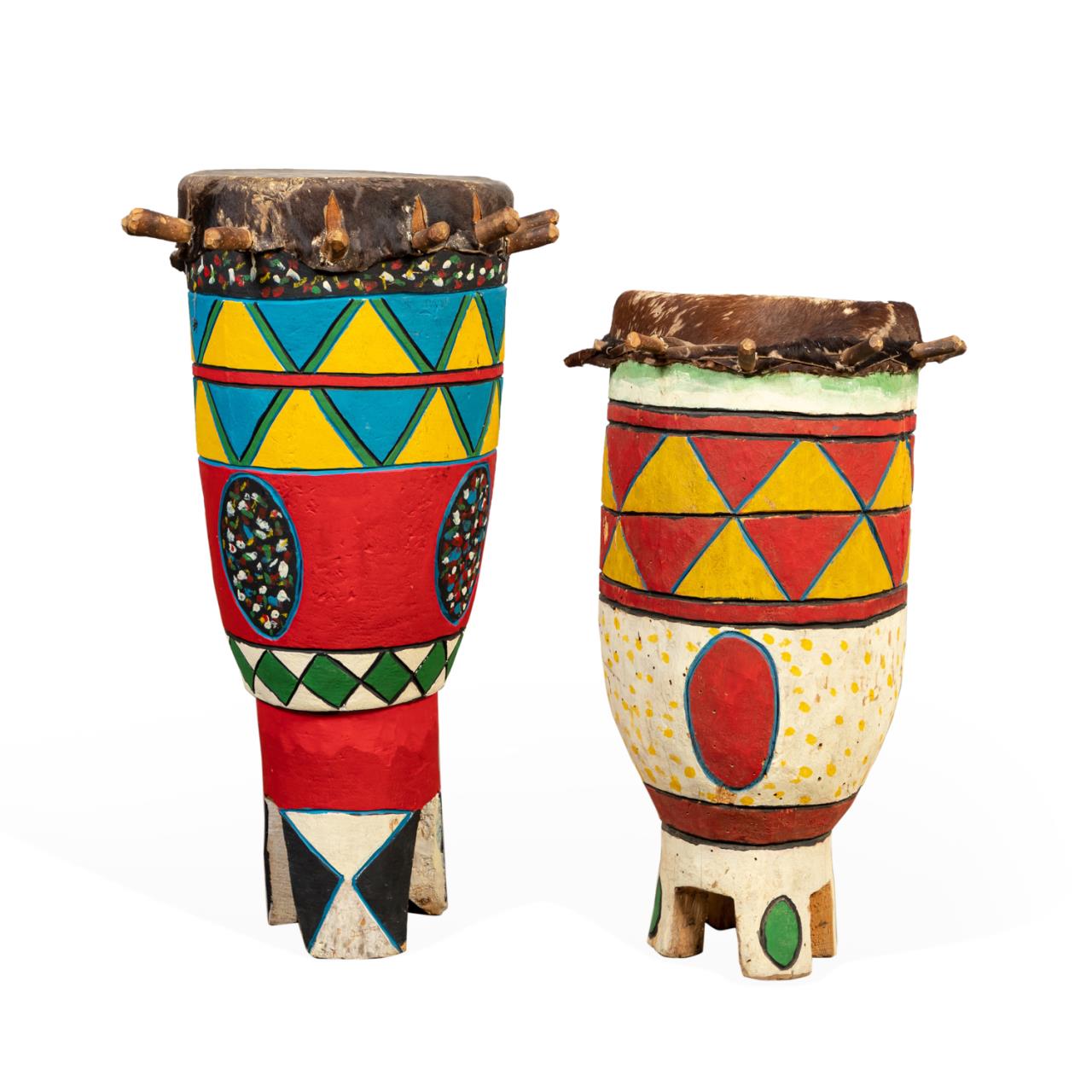 Appraisal: TWO AFRICAN TALL DRUMS COLORFUL PAINTED MOTIF Two tall West