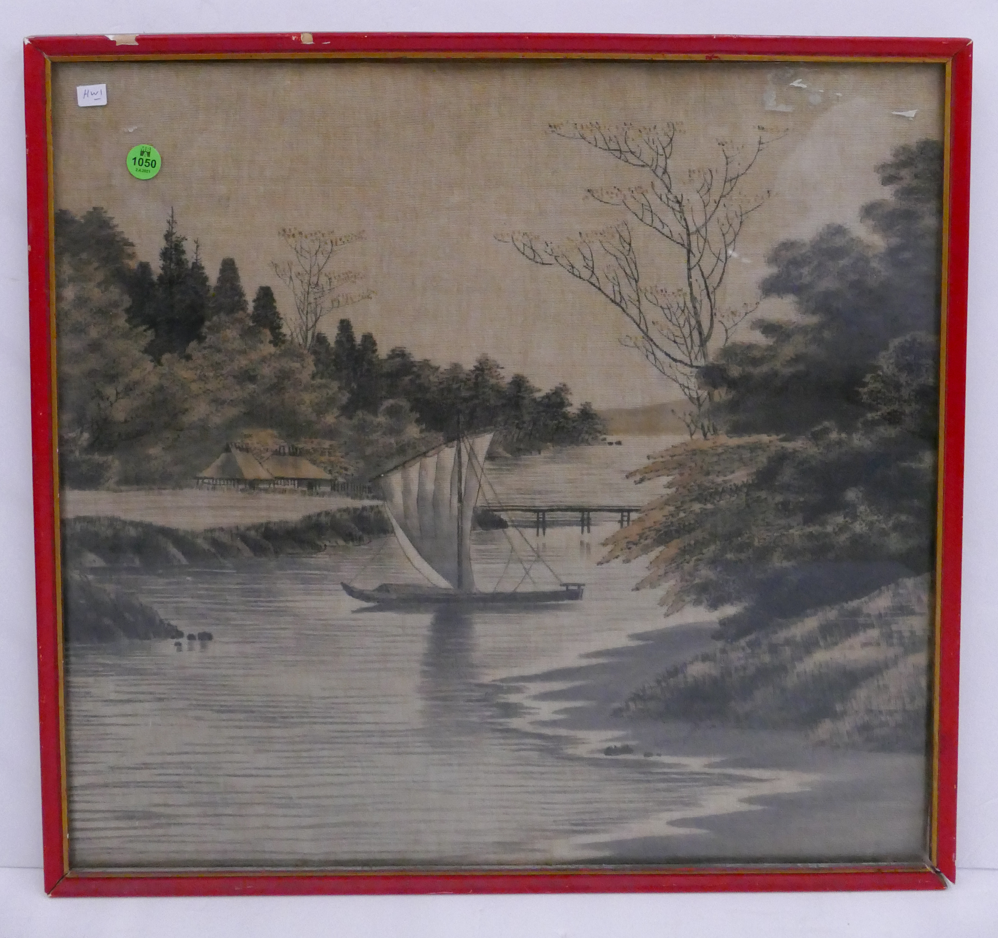 Appraisal: Old Japanese River Scene Painting on Silk Framed- x ''