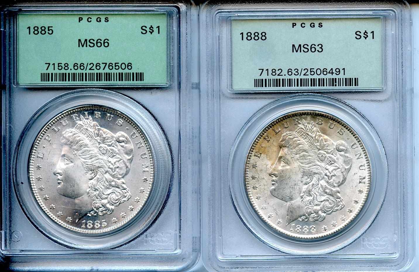 Appraisal: PCGS Morgan Dollars Included are MS snow-white throughout and MS