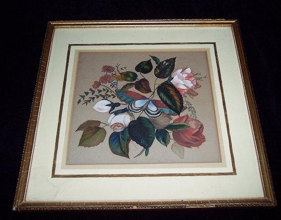 Appraisal: Bessie Packey Bouquet of Flowers with Mothsigned and datedwatercolour cm