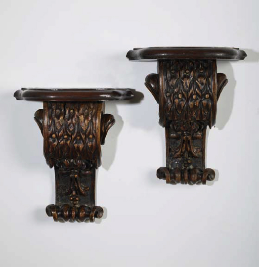 Appraisal: Large Pair of Italian Carved Walnut Serpentine-Front Bracket Shelves in