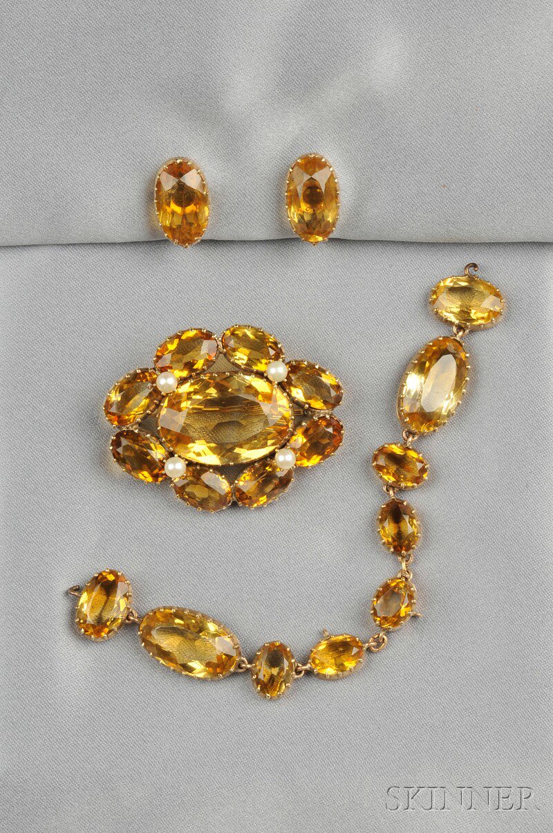 Appraisal: Antique Gold and Citrine Suite the brooch designed as a