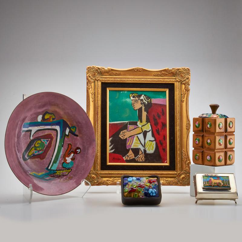 Appraisal: ENAMEL GROUP Framed plaque after Picasso Exposition bowl and three