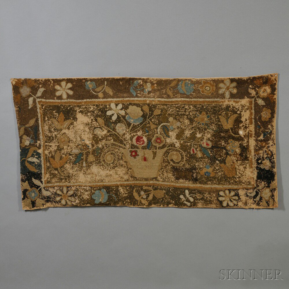 Appraisal: Yarn-stitched Basket of Flowers Design Hearth Rug probably New England