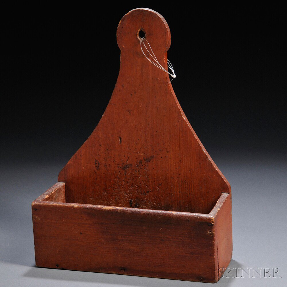 Appraisal: Red-painted Pine Hanging Candle Box America th century with pierced