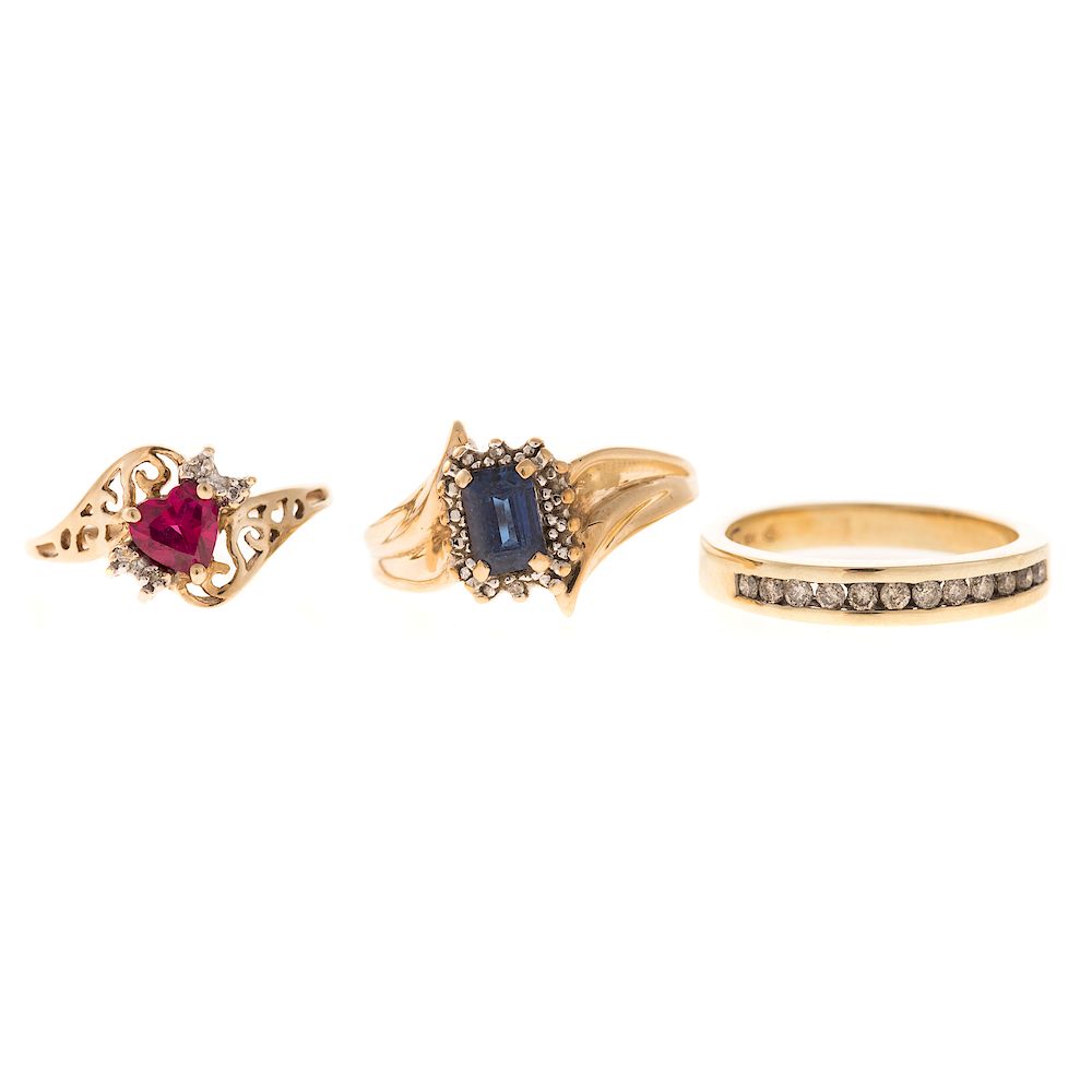 Appraisal: A Trio of Diamond Gemstone Rings in Gold K yellow