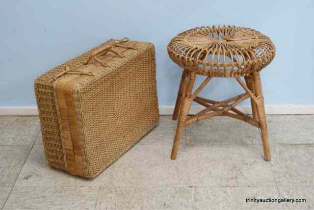 Appraisal: Wicker Rattan Vanity Stool Suit CaseThis is for a nice