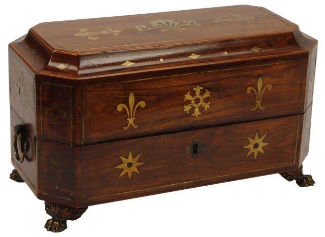 Appraisal: English Regency brass inlaid tea caddy fitted interior with crystal