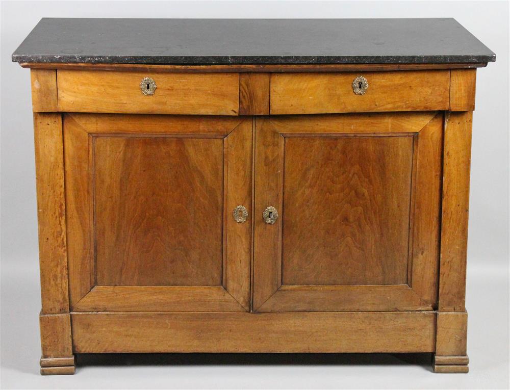 Appraisal: FRENCH EMPIRE FRUITWOOD AND MARBLE SERVER BUFFET having a rectangular