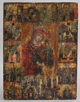 Appraisal: RUSSIAN PAINTED WOOD ICON Centered by the Madonna and crowned