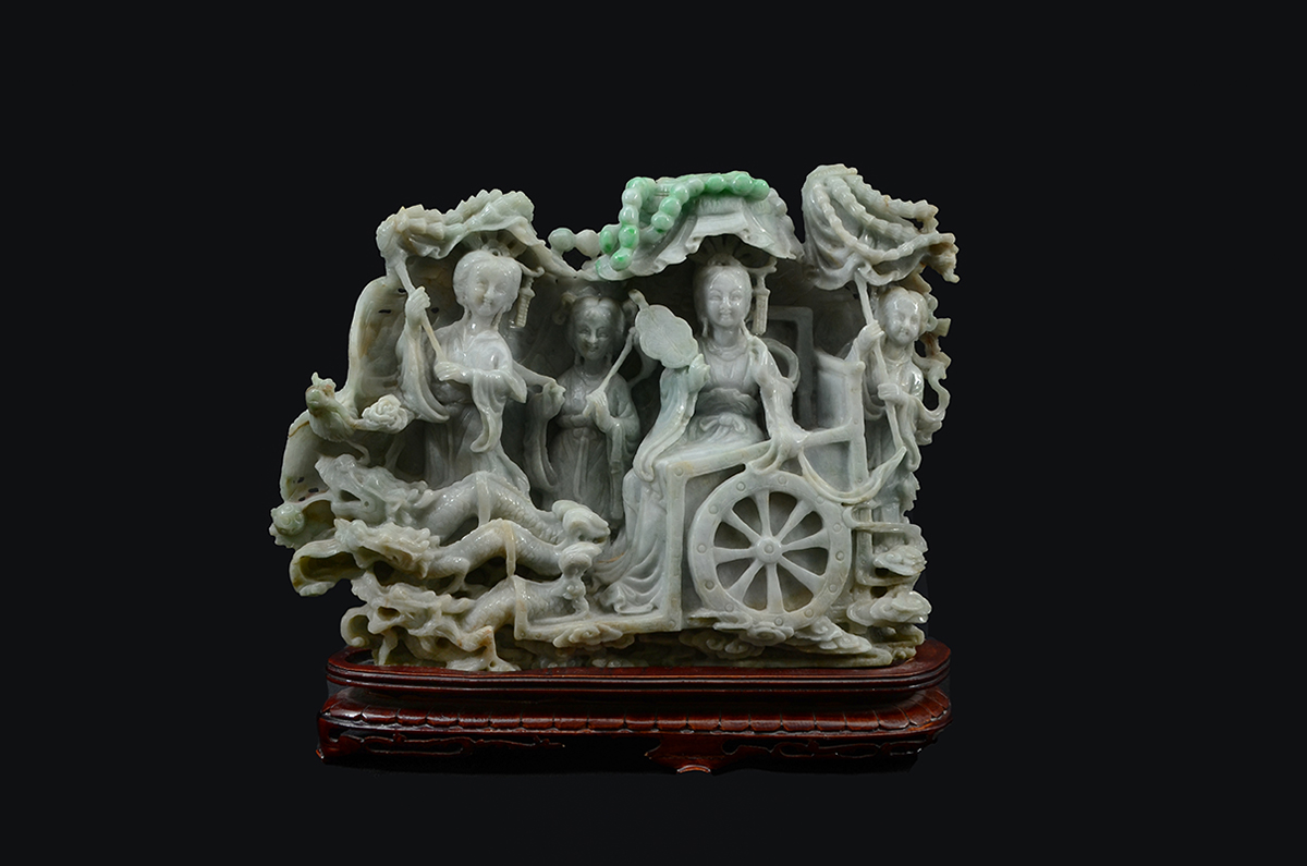 Appraisal: CHINESE CARVED JADEITE PROCESSION FIGURAL GROUP Carved apple green and