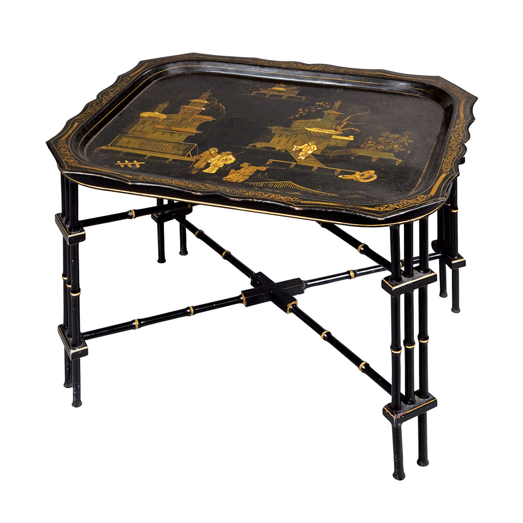 Appraisal: Regency Style Chinoiserie Decorated Black Painted Tray on Stand Height