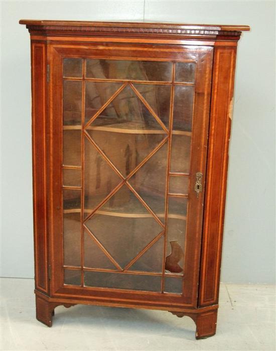 Appraisal: Early th century mahogany and parquetry inlaid corner cupboard h