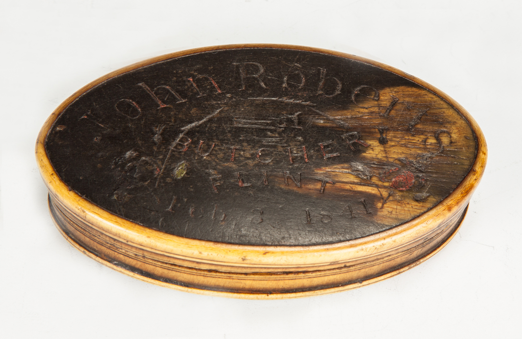 Appraisal: Engraved Horn Snuff Box John Roberts butcher Flint Feb Pistol