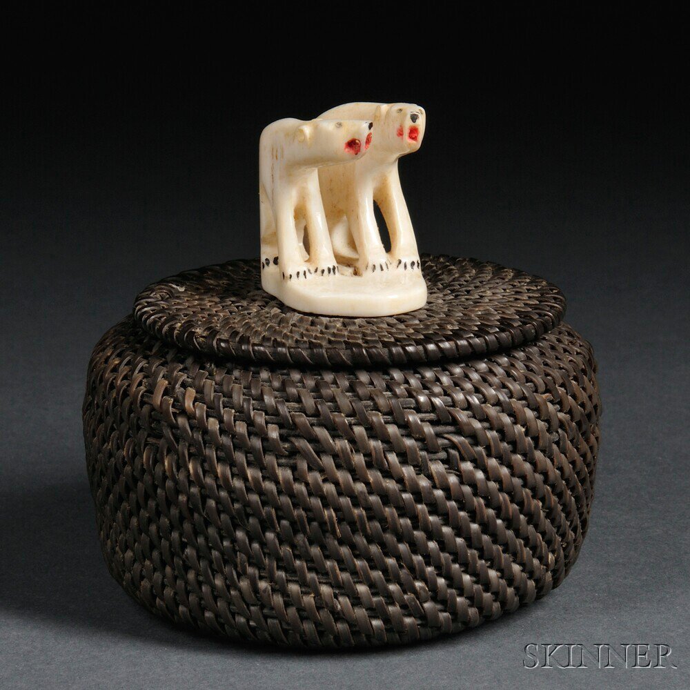 Appraisal: Eskimo Baleen Basket th century the lid with two ivory