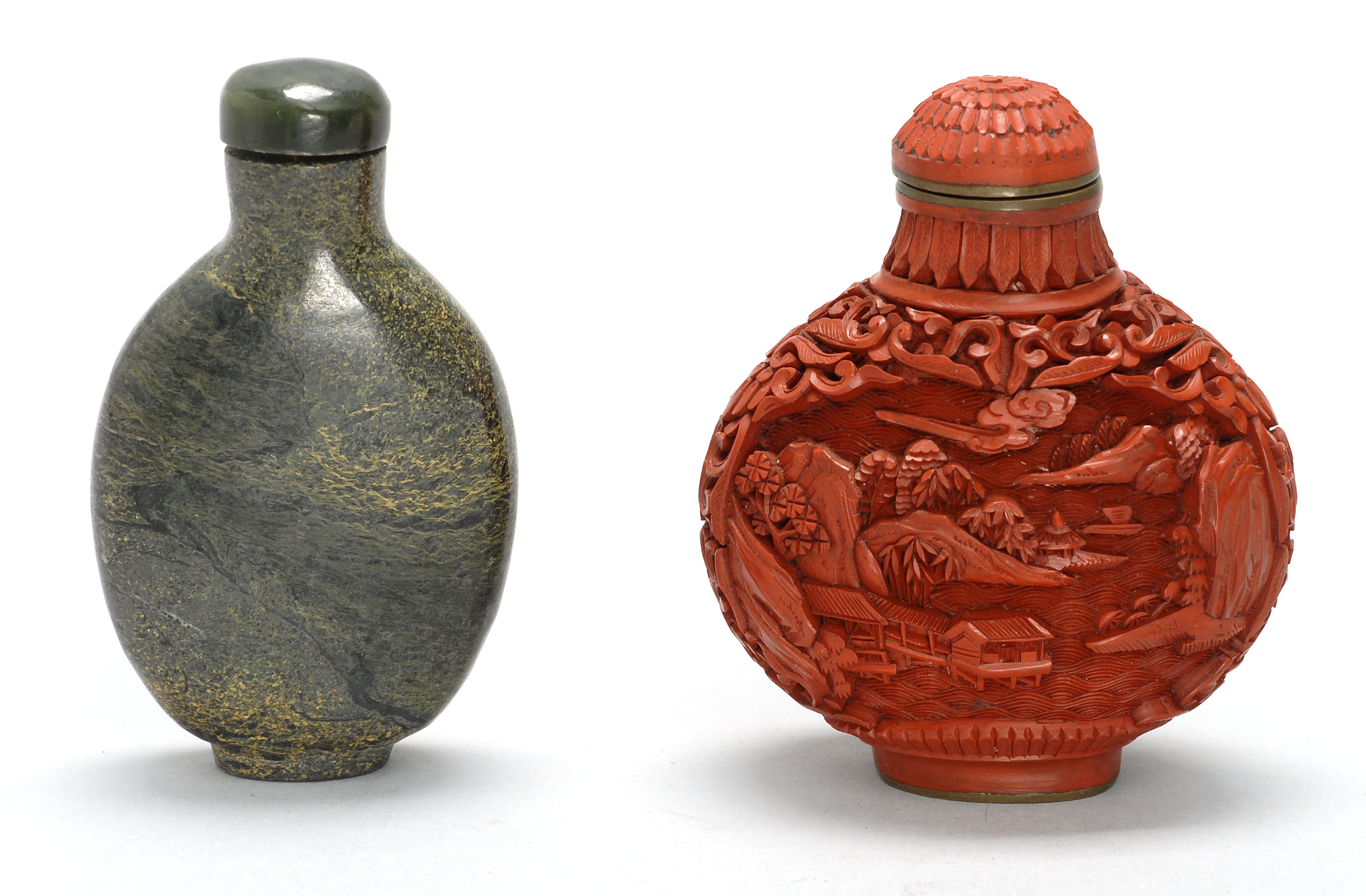 Appraisal: TWO SNUFF BOTTLES Late th Early th Century Cinnabar in