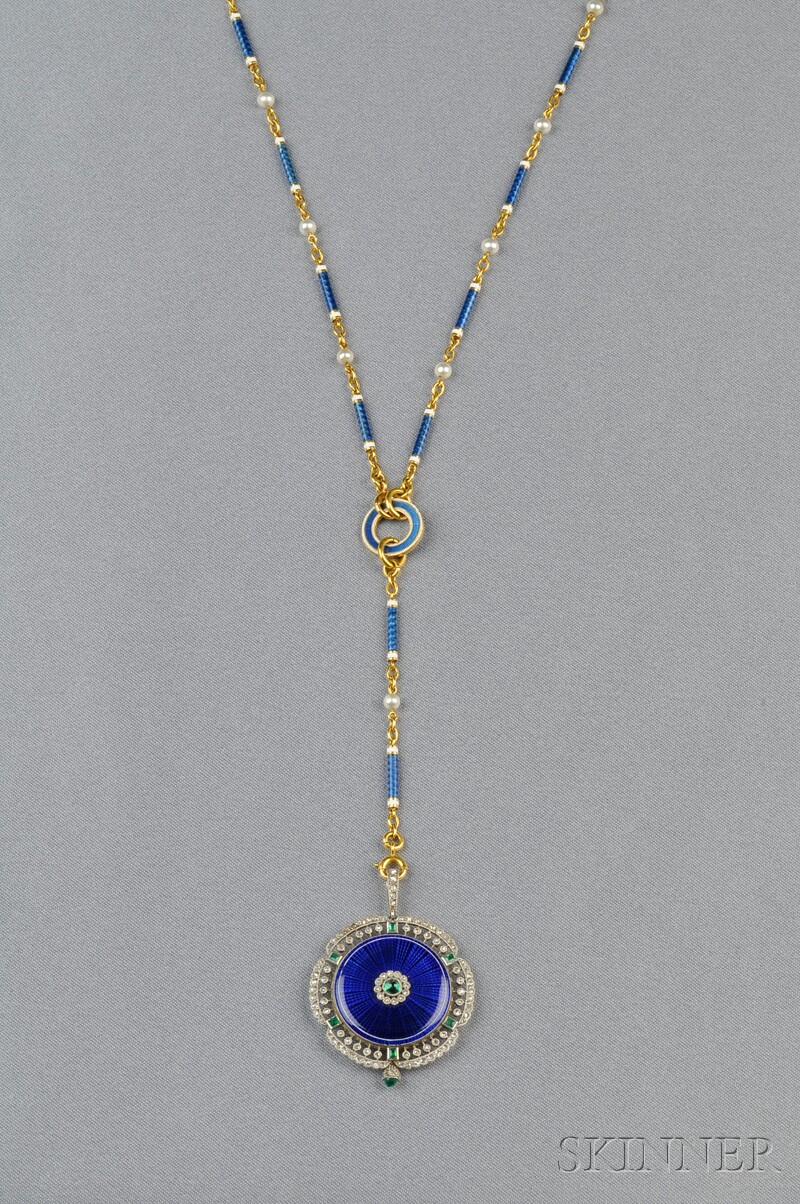 Appraisal: Edwardian Platinum kt Gold Enamel and Gem-set Pendant Watch Chaumet