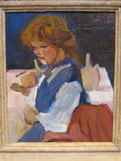 Appraisal: An oil on board of a schoolgirl beside a table