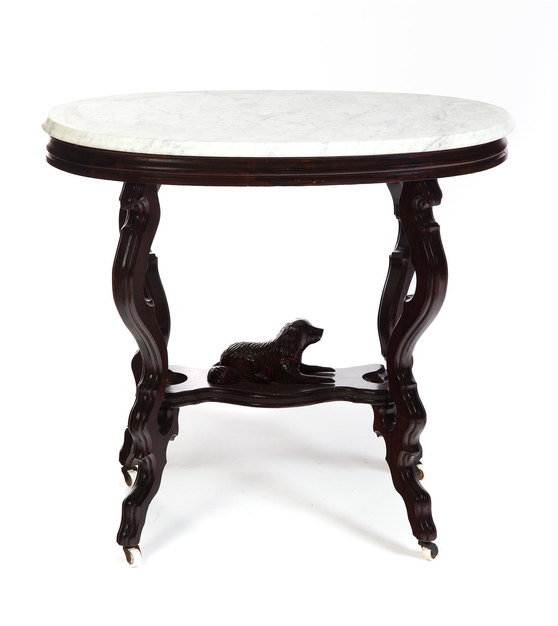 Appraisal: MARBLE TOP VICTORIAN PARLOR TABLE WITH DOG American rd quarter-