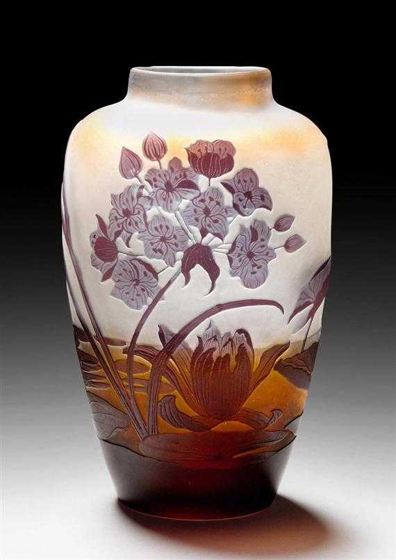 Appraisal: GALL MILE VASE circa Acid-etched white glass with violet overlay