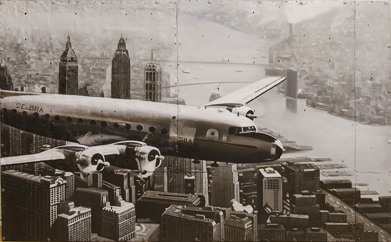 Appraisal: TH CENTURY SCHOOL AIRLINE OVER MANHATTAN Oil on metal attached