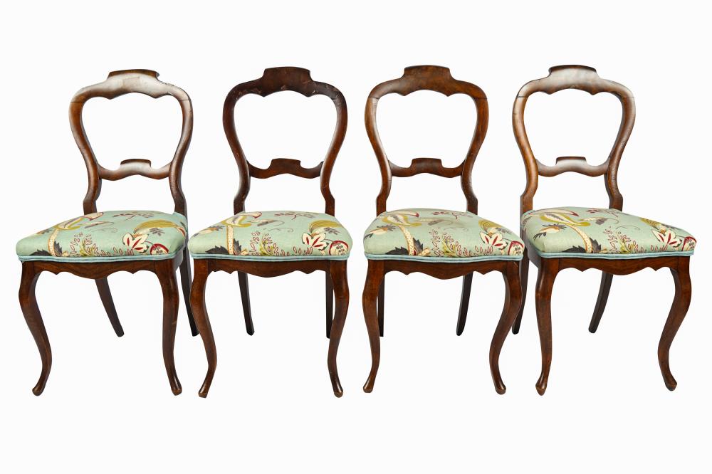 Appraisal: FOUR VICTORIAN BALLOON BACK SIDE CHAIRSwith later printed green fabric