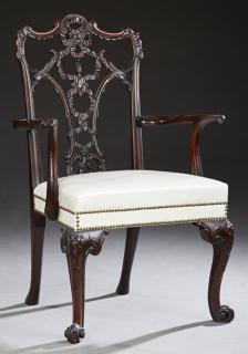 Appraisal: English Carved Mahogany Armchair th c the arc English Carved