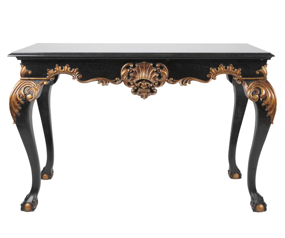 Appraisal: ROCOCO-STYLE BLACK-LACQUERED GILT WOOD HALL TABLEmodern with black granite top