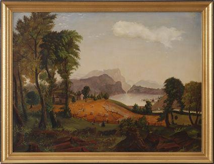 Appraisal: AMERICAN SCHOOL MOUNTAIN LANDSCAPE WITH HARVEST SCENE AND SAILING SHIPS