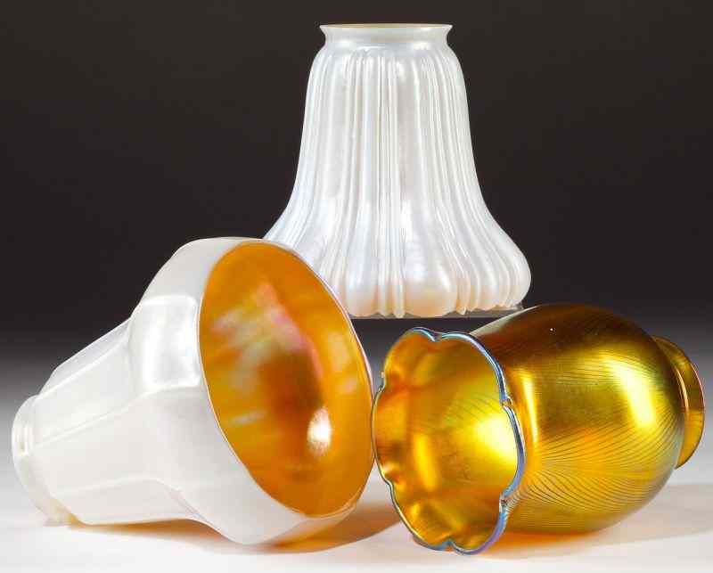 Appraisal: Three Steuben Art Glass Shadesincluding one calcite over aurene ribbed