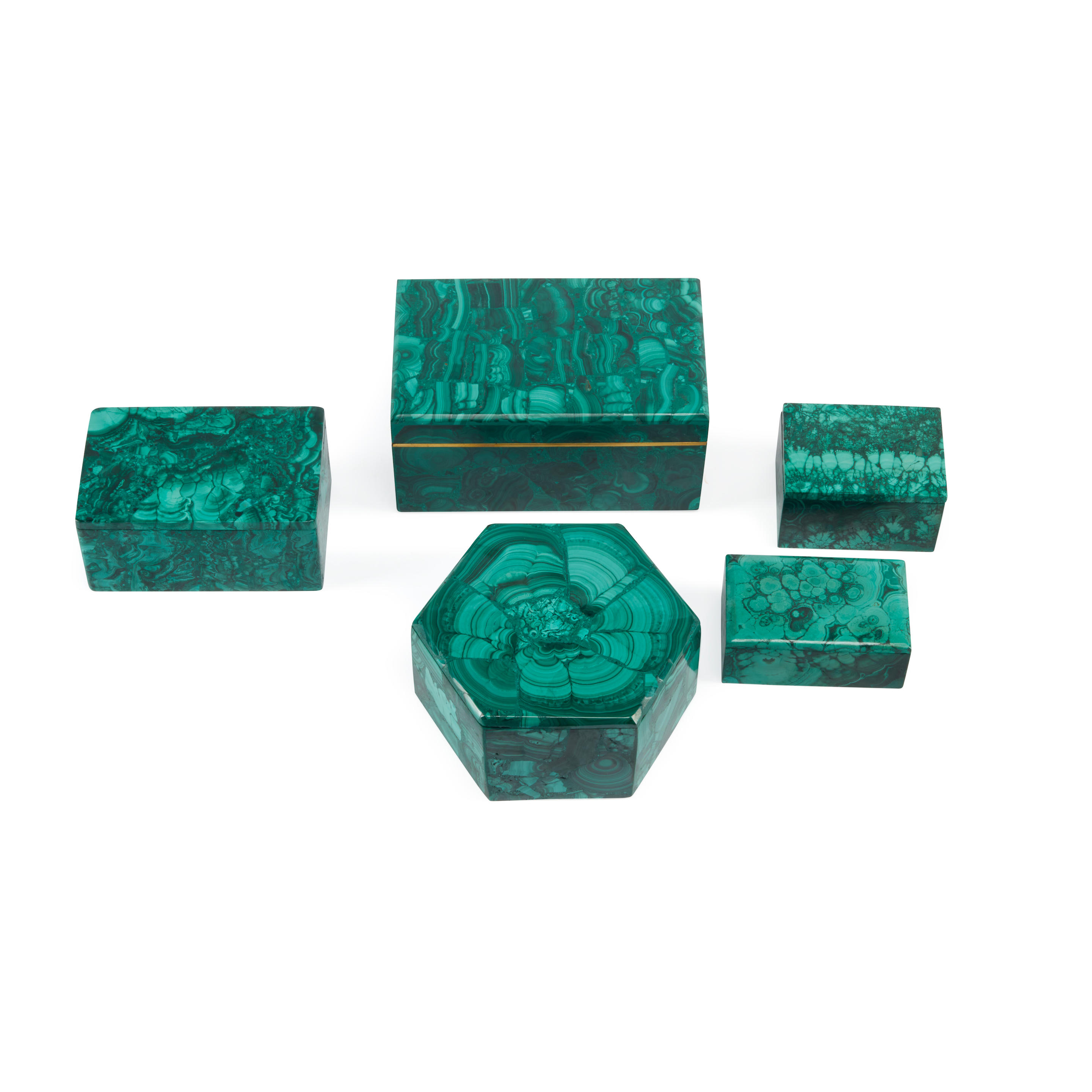 Appraisal: A GROUP OF FIVE MALACHITE BOXES length of largest in