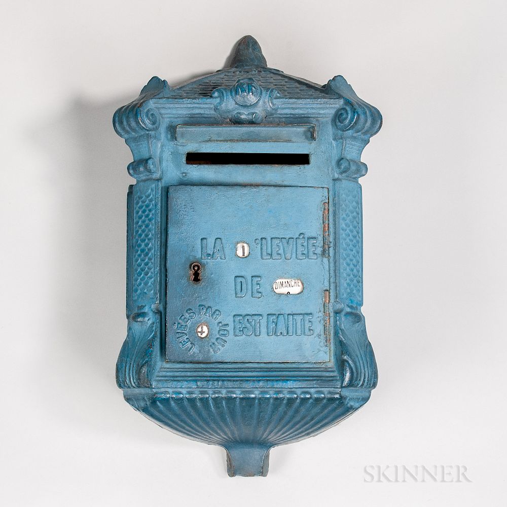 Appraisal: Cast Iron and Blue-painted Mailbox Cast Iron and Blue-painted Mailbox