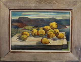 Appraisal: Woldemar Neufeld - Yellow Pear still life with a view