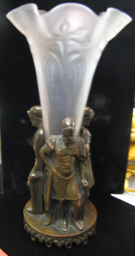 Appraisal: FIGURAL BRONZE AND GLASS TRUMPET VASE The bronze base of