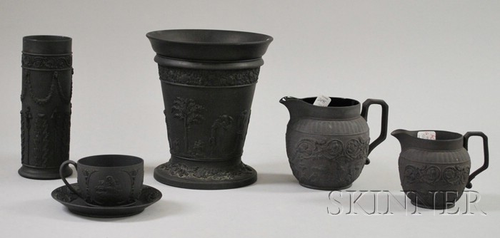 Appraisal: Six Wedgwood Black Basalt Items a vase cup and saucer