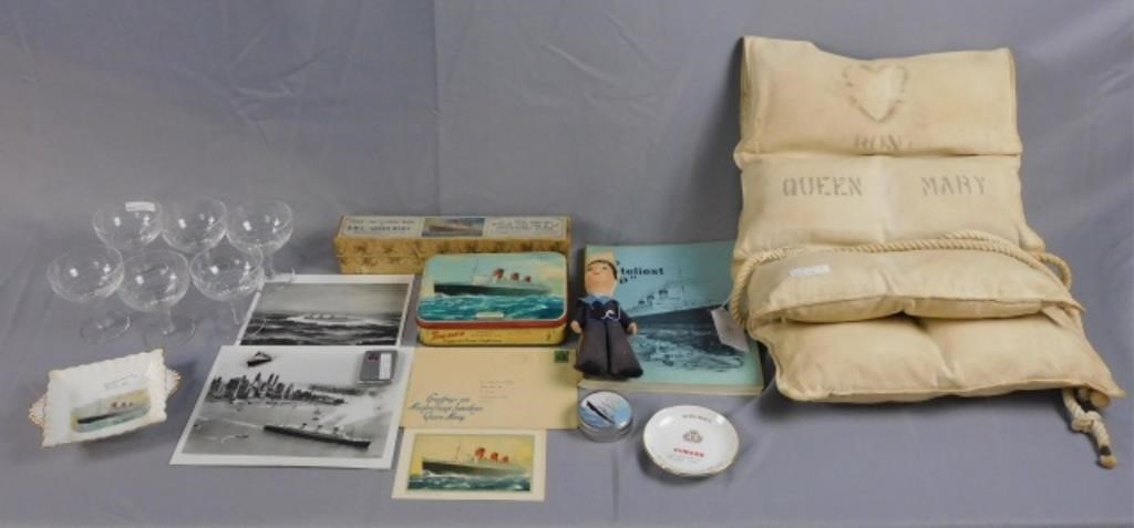 Appraisal: QUEEN MARY STEAMSHIP LINE VINTAGEcollectible objects to include high cloth