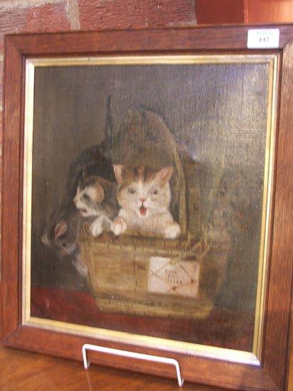 Appraisal: F DUNNE - A basketful of cats with letter attached