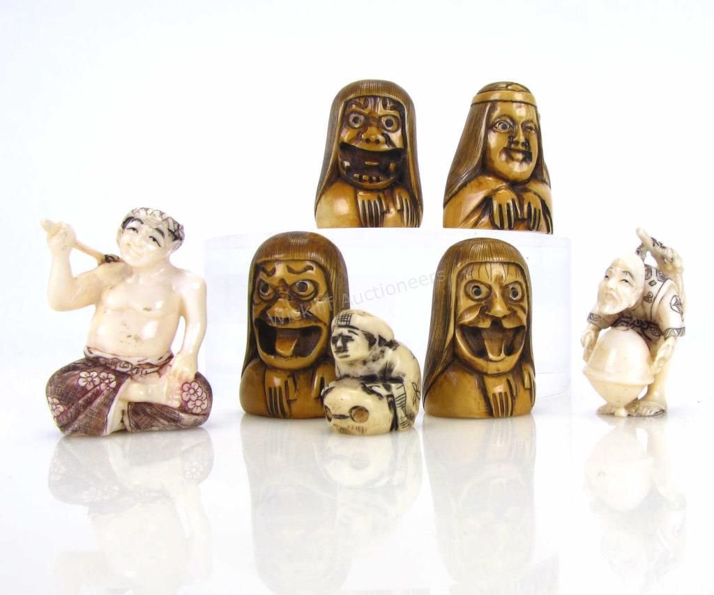 Appraisal: Group of Oriental Carved Netsuke seven total including three figural