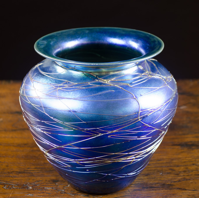 Appraisal: DURAND ART GLASS VASE blue iridescent with high shoulders flared