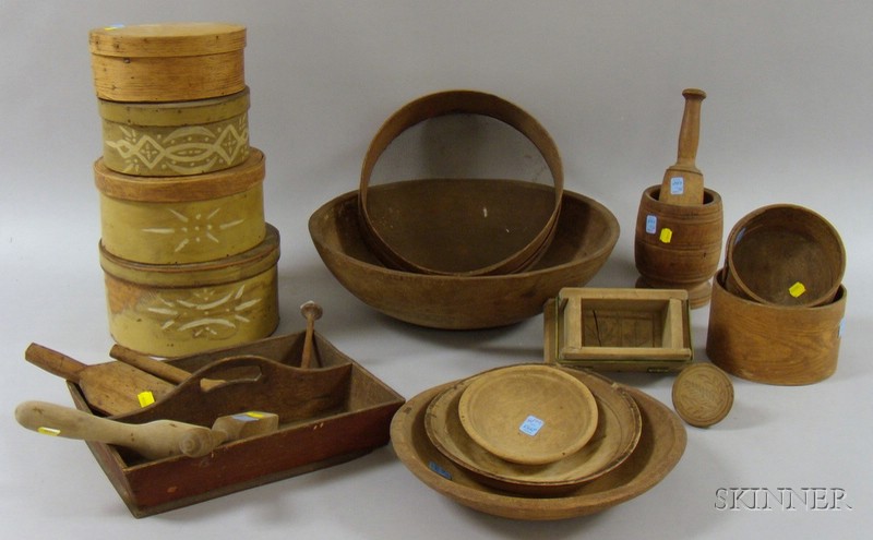 Appraisal: Group of Approximately Twenty Early Woodenware Items three graduated mustard-painted