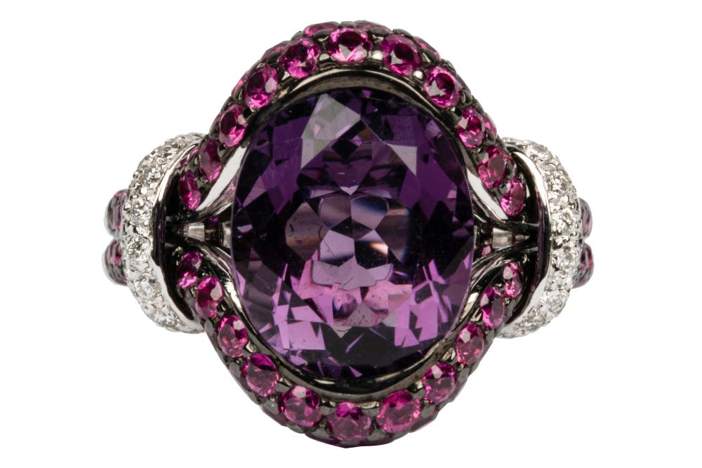 Appraisal: KARAT OXIDIZED WHITE GOLD DIAMOND AMETHYST RUBY RINGcentering one oval