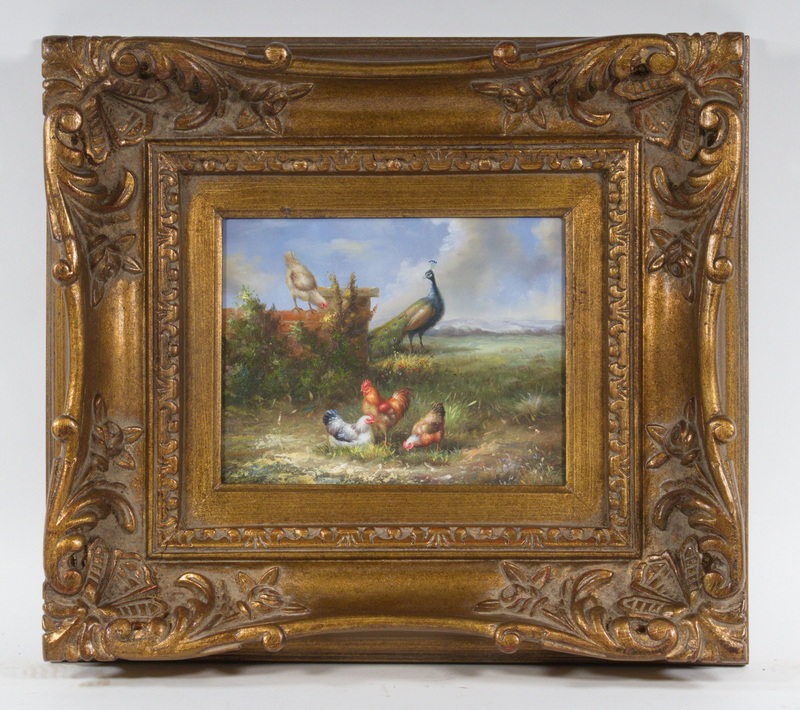 Appraisal: CONTEMPORARY PAINTING OF BIRDS Chickens and a Peacock in a