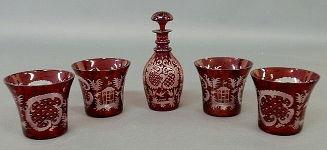 Appraisal: Four Bohemia glass red-cut-to-clear vases h h and a decanter