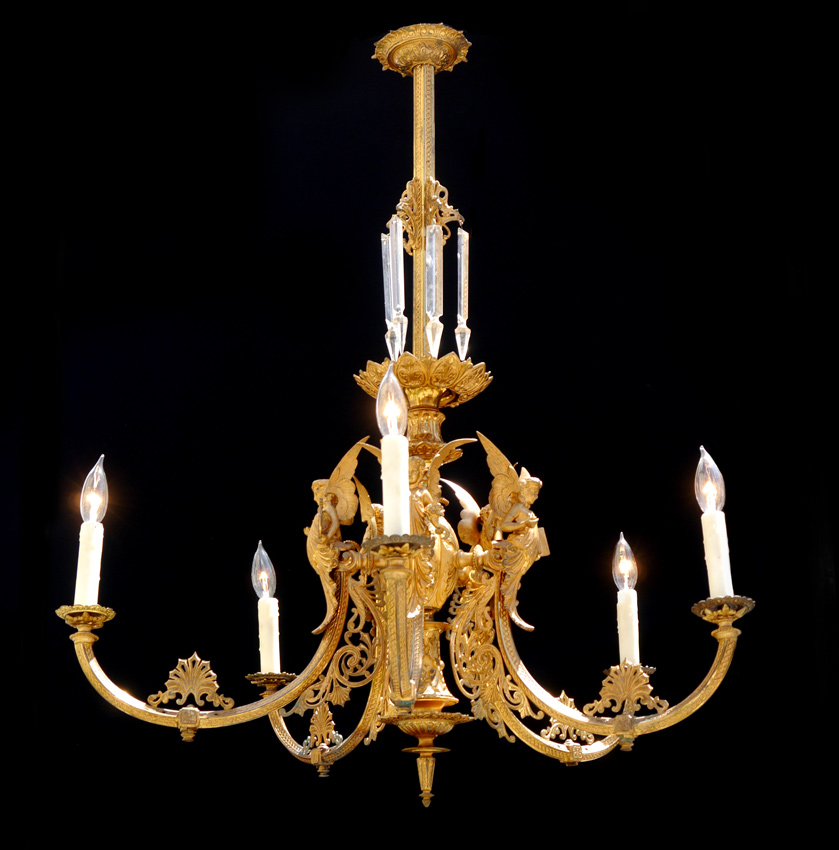 Appraisal: VICTORIAN GILT BRONZE ANGEL MOTIF FIVE LIGHT GAS CHANDELIER Electrified